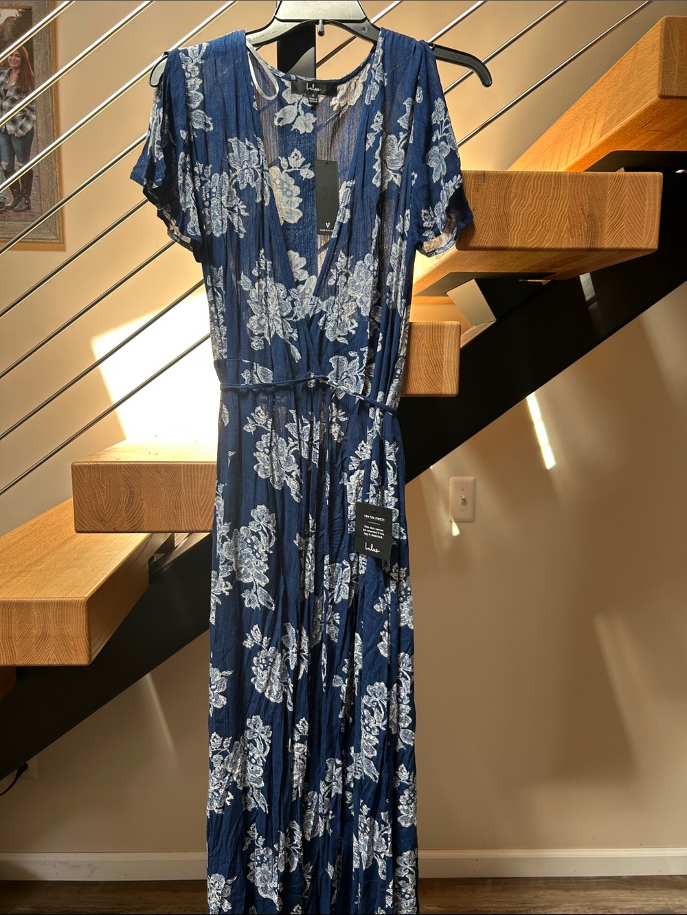 Lulu's Navy Floral Wrap Maxi Dress with V-Neck wrap around maxi